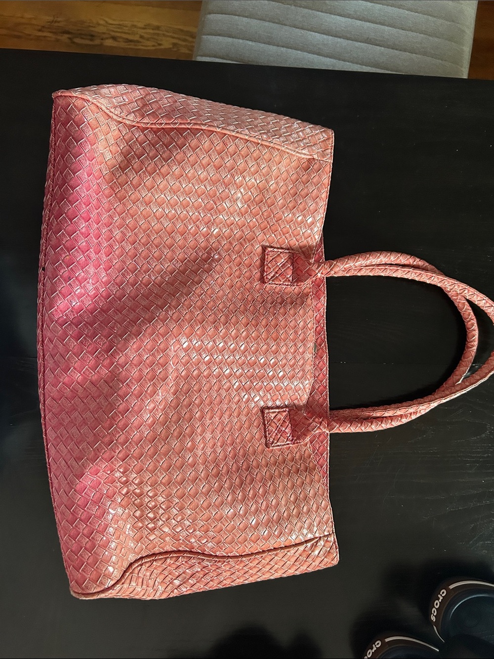 Woven Leather Tote Bag in Rose Pink